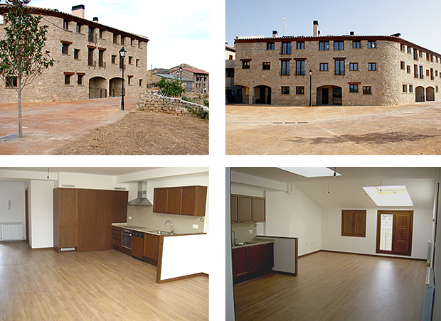 Edifici en cantonada de pedra en centre de Fontellas ( Huesca). Cuina i banys de fusta.